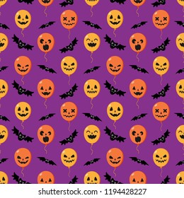 Vector Halloween seamless pattern of colorful balloons with funny faces and bats