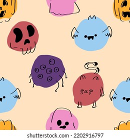 Vector Halloween seamless pattern. Colorful icons of skull, ghost, pumpkin, cat, bat and spider. Design elements for halloween party poster. Flat cartoon illustration.