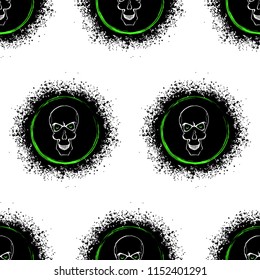 Vector halloween seamless pattern of contour rough skull on the blot of black paint. Isolated on the white background.