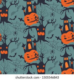 Vector Halloween seamless pattern with cute cartoon characters and simbols. Endless texture for web page background, wrapping paper and etc.