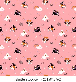 Vector Halloween seamless pattern with cute characters. Childish hand drawn background with dogs in carnival costumes. Cute holiday repeated texture. Print for clothing, wrapping paper,bag, poster.