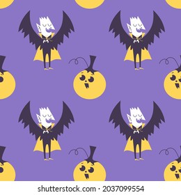 Vector halloween seamless pattern with cute hand drawn characters and symbols. Purple backgroun.