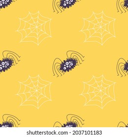 Vector halloween seamless pattern with cute hand drawn spider web and spider. Yellow background. Textile or decoration.