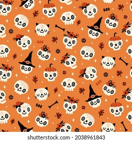 Vector Halloween seamless pattern with cute skulls in witch hats and flowers wreaths. Holiday repeated texture. Funny kids print for fabric, wrapping paper