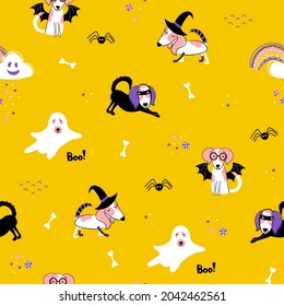 Vector Halloween seamless pattern with cute dog characters. Pet's pawty. Kid's  background with puppies in masquerade costumes and other characters like spider, cloud, rainbow, candy. 