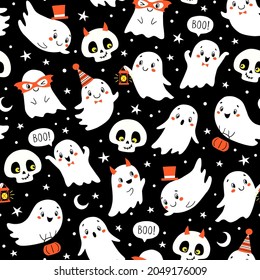 Vector Halloween seamless pattern with cute ghosts and skulls on black background