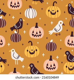 Vector Halloween seamless pattern with cute pumpkins and ravens. Repeated holiday texture with cartoon characters: crows and jack-o’-lanterns. Halloween print for fabric and wallpaper