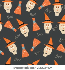 Vector Halloween seamless pattern with cute funny skulls and witch's potion  on black background