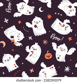 Vector Halloween seamless pattern with cute ghosts, pumpkin and stars. Holiday repeated texture with funny cartoon characters. Autumn print for fabric and wrapping paper. Kids Halloween background.