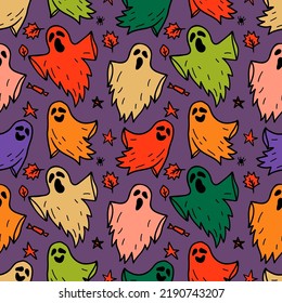 Vector Halloween seamless pattern with cute ghosts on black background. Cloth Ghosts. Flying Phantoms. Halloween scary ghostly monsters.