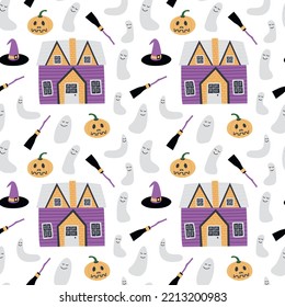 Vector Halloween seamless pattern. Cute cottage and pumpkins in cartoon style isolated on white backrground