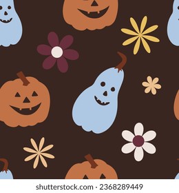 Vector Halloween seamless pattern with cute pumpkins and flawers in retro groovy stile.  Halloween print for fabric and wallpaper