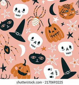 Vector Halloween seamless pattern design  Funny autumn print design  Day the dead repeat background  Kids fabric design pink background 