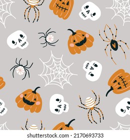 Vector Halloween seamless pattern design. Funny autumn pumpkin and sculls print design. Day of the dead repeat background. Kids fabric design.