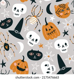 Vector Halloween seamless pattern design. Funny autumn print design. Day of the dead repeat background. Kids fabric design.