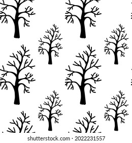 Vector halloween seamless pattern dry tree clipart isolated on white background. Cute illustration for seasonal design, textile, decoration kids playroom or greeting card. Hand drawn prints and doodle