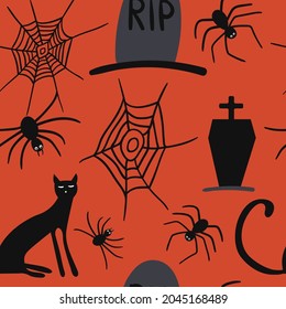 Vector Halloween seamless pattern. Halloween elements in doodle style on orange background. Crave, spiderweb. Design for Halloween decor, textile, wrapping paper, wallpapers, sticker, greeting cards.