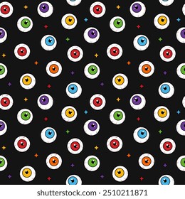 Vector Halloween seamless pattern with eyes and stars on dark background