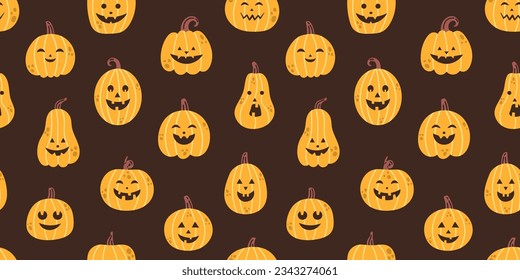 Vector halloween seamless pattern in flat design. Jack o lantern. Halloween pumpkins on dark background. Halloween pumpkins carved faces seamless pattern. Scary and spooky pumpkins.