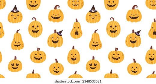 Vector halloween seamless pattern in flat design. Jack o lantern. Halloween pumpkins on white background. Halloween pumpkins carved faces seamless pattern. Scary and spooky pumpkins in witch hats.