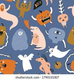 Vector Halloween seamless pattern with funny characters. Holiday seamless texture for day of the dead. Cute monster kids fabric design.