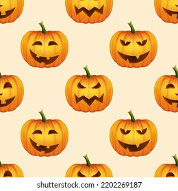 Vector Halloween Seamless Pattern with Funny Pumpkins. Cute Jack-o-lanterns, Carved Pumpkin Faces Backgrounds, Wallpapers for Invitations, Cards, Fabrics, Packaging, Wrapping, Banners, Textiles