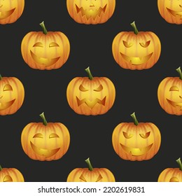 Vector Halloween Seamless Pattern with Funny Pumpkins. Cute Jack-o-lanterns, Carved Pumpkin Faces Backgrounds, Wallpapers for Invitations, Cards, Fabrics, Packaging, Wrapping, Banners, Textiles