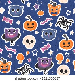 Vector Halloween seamless pattern with funny characters. Bright holiday texture print. Cute monster kids fabric and wrapping paper design.