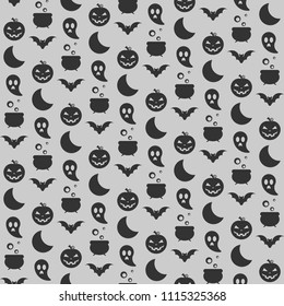 vector halloween seamless pattern with ghost, pumpkin, moon, bat and cauldron.