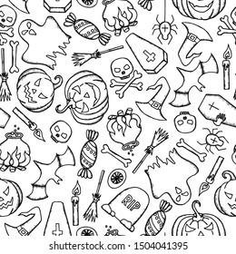 Vector Halloween seamless pattern with ghost, pumpkin, witch hat, coffin and skull. Hand drawn endless vector illustration.
