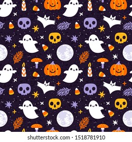 Vector Halloween seamless pattern with  ghost, bat, skull, full moon, jack o lantern, candle and amanita mushroom. Cute holiday repeated texture. Childish hand drawn background with cartoon characters