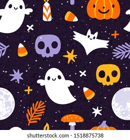 Vector Halloween seamless pattern with  ghost, bat, skull, full moon, jack o lantern, candle and amanita mushroom. Cute holiday repeated texture. Childish hand drawn background with cartoon characters