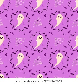 Vector Halloween seamless pattern with ghost, web, bats and spiders. Surface pattern design. 