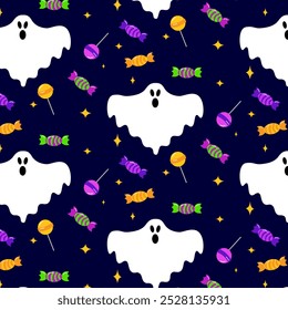Vector Halloween seamless pattern with ghost, candy and lolipop. Cute holiday repeated texture. Childish hand drawn background with cartoon characters
