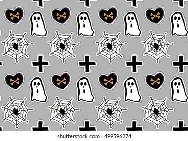 Vector Halloween seamless pattern with ghost,heart,bones,spider.Vector background in sketch style for decoration halloween designs.Comic spook and cross print for wrapping paper,fabric,textiles.
