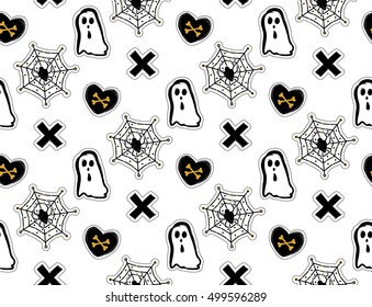 Vector Halloween seamless pattern with ghost,heart,bones,spider.Vector background in sketch style for decoration halloween designs.Comic spook and cross print for wrapping paper,fabric,textiles.