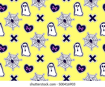 Vector Halloween seamless pattern with ghost,heart,bones,spider.Vector background in sketch style for decoration halloween designs.Comic spook and cross print for wrapping paper,fabric,textiles.