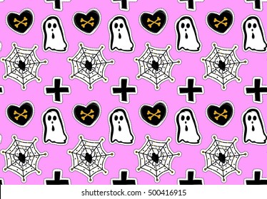 Vector Halloween seamless pattern with ghost,heart,bones,spider.Vector background in sketch style for decoration halloween designs.Comic spook and cross print for wrapping paper,fabric,textiles.