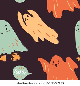 Vector Halloween seamless pattern with ghosts. Hand drawn pattern for Halloween design. Perfect for decoration, wrapping papers, greeting cards, web page background