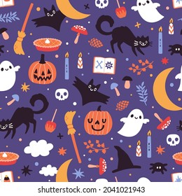 Vector Halloween seamless pattern with ghosts, bats and pumpkins. Repeated holiday texture with cartoon characters. Halloween print for fabric and wallpaper