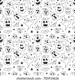 Vector Halloween seamless pattern with ghosts, pumpkins, stars and bats Hand drawn pattern for Halloween design. Perfect for decoration, wrapping papers, greeting cards, coloring book