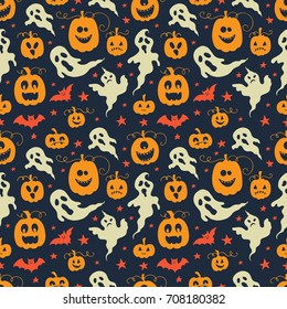 Vector Halloween seamless pattern with ghosts, pumpkins, stars and bats Hand drawn pattern for Halloween design. Perfect for decoration, wrapping papers, greeting cards, web page background