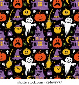 Vector Halloween seamless pattern with ghosts, pumpkins, house, witch hat and broom. Hand drawn pattern for Halloween design. Perfect for decoration, wrapping papers, greeting cards, web page 
