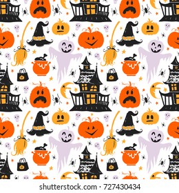 Vector Halloween seamless pattern with ghosts, pumpkins, house, witch hat and broom Hand drawn pattern for Halloween design Perfect for decoration, wrapping papers, greeting cards, web page background