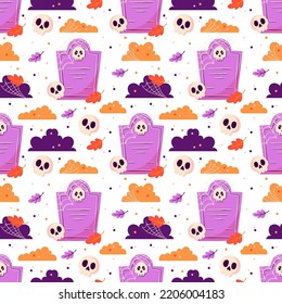 Vector Halloween seamless pattern with grave, skull, autumn leaves and shrub. Surface pattern design. 