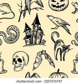 Vector Halloween seamless pattern with hand drawn elements and abstract texture. Colorful holiday endless background.