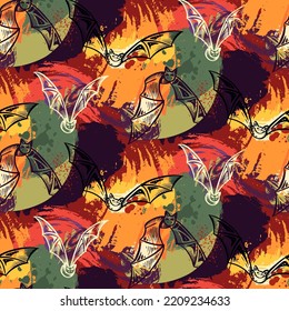 Vector Halloween seamless pattern with hand drawn elements and abstract texture. Colorful holiday endless background.