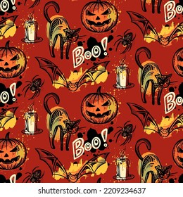 Vector Halloween seamless pattern with hand drawn elements and abstract texture. Colorful holiday endless background.