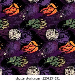 Vector Halloween seamless pattern with hand drawn elements and abstract texture. Colorful holiday endless background.