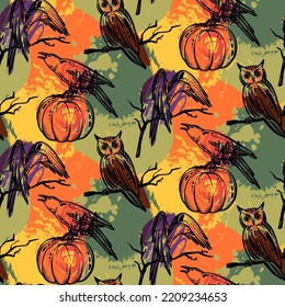 Vector Halloween seamless pattern with hand drawn elements and abstract texture. Colorful holiday endless background.